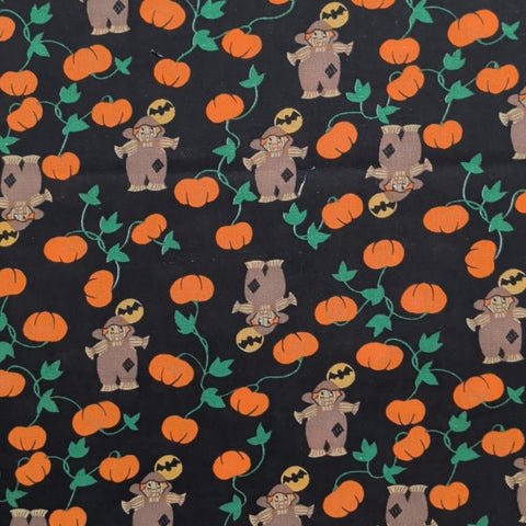 Black Fabric / Tossed Scarecrow, Bat, Pumpkin Print - Selvage to Selvage Print