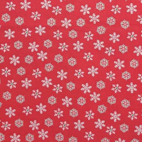 Red Fabric / White and Green Snowflake Print - Selvage to Selvage Print