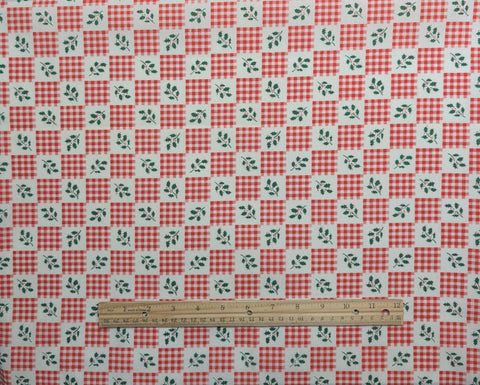 Red, White, Green Gingham Print Block and Holly Sprig Block Cheater Print Fabric - Selvage to Selvage Print