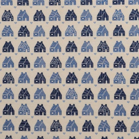 Soft White Fabric / Dark Blue, Slate Blue House and Heart Print - Selvage to Selvage Print