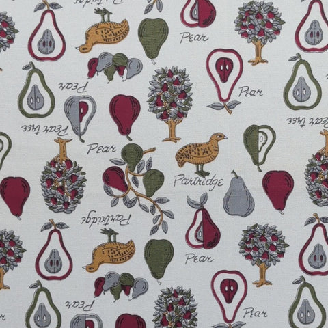 Twill - White Fabric / Red, Gray, Gold, Green Tossed Partridge, Pear, Pear Tree Print