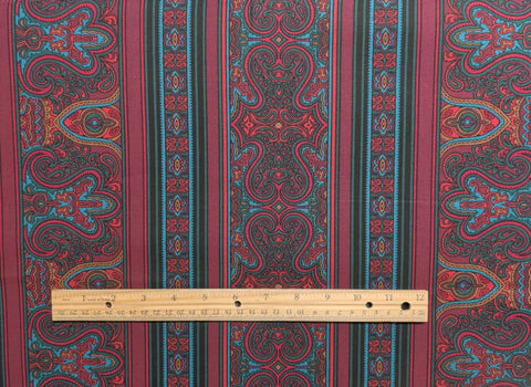 1994 Persian Print Jinny Beyer for RJR Fashion Fabrics - Maroon, Red, Green, Gold Paisley Border Stripe Fabric
