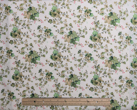 Pretty in Pink Pansy 2574-014 Faye Burgos Marcus Brothers Fabrics - White Fabric / Green and Tan Vine and Berry Print
