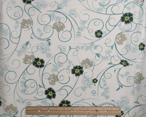 Filigree Collection for Art Gallery Fabrics - White Fabric / Teal, Khaki, Bright Green Flower, Vine Print