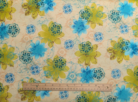 Couleur Vie 7264-44 by Brenda Pinnick for Henry Glass & Co - Pale Gold Fabric / Tan, Teal Flower / Teal, Blue, Chartreuse Flower, Medallion