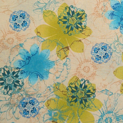 Couleur Vie 7264-44 by Brenda Pinnick for Henry Glass & Co - Pale Gold Fabric / Tan, Teal Flower / Teal, Blue, Chartreuse Flower, Medallion