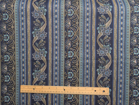 Jinny Beyer for RJR Fashion Fabrics - Navy, Blue, Gold Medallion and Ribbon Border Stripe Fabric