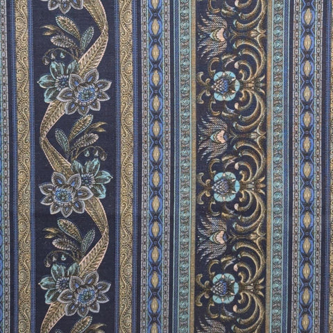 Jinny Beyer for RJR Fashion Fabrics - Navy, Blue, Gold Medallion and Ribbon Border Stripe Fabric