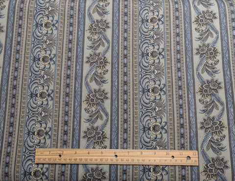 Jinny Beyer for RJR Fashion Fabrics - Taupe Fabric / Brown, Pale Blue Medallion and Ribbon Border Stripe