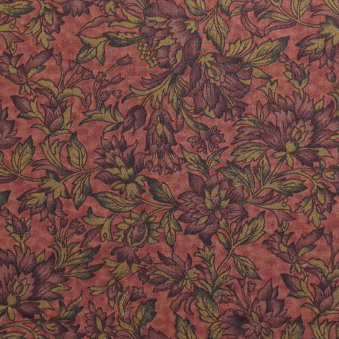 Wood Blocks Hoffman California Fabrics - Dark Red Tonal Fabric / Gold, Green, Burgundy Packed Flower, Vine Print