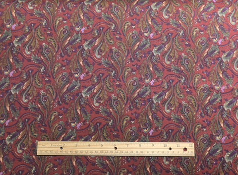 Wood Blocks Hoffman California Fabrics - Dark Red Fabric / Green, Purple, Tan Paisley Leaf and Flower Print