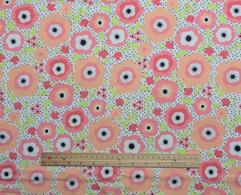 Super Snuggle Flannel JoAnn Fabrics - White Flannel Fabric with Black Dot / Pink, Light Coral, Bright Green Flower Print