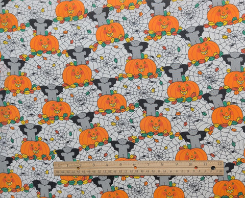 Fabric Country - White, Black, Orange, Gray Spiderweb, Pumpkin, Bear Halloween Print Fabric