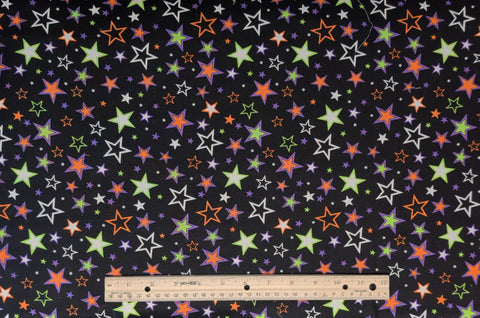 Charmed Stars 8981 Greta Lynn for Kanvas - Black Fabric / White, Orange, Green, Purple Star Print