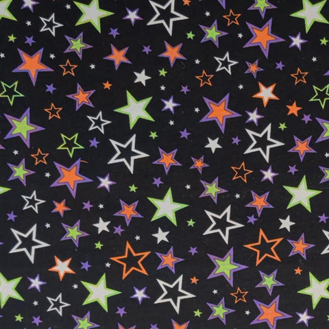 Charmed Stars 8981 Greta Lynn for Kanvas - Black Fabric / White, Orange, Green, Purple Star Print