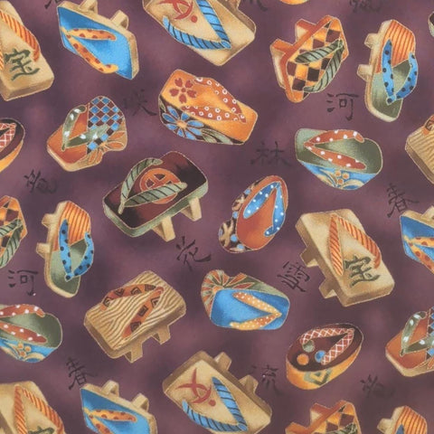 Oriental Traditions 7167 Robert Kaufman - Burgundy Tonal Fabric / Brown, Gold, Turquoise Tossed Geta Shoe Print