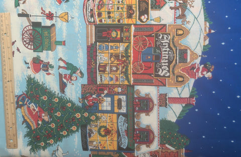 Sharon Kessler 1993 for Concord Fabrics - Large Double Border Christmas Village Stripe Fabric / Dark Blue Sky