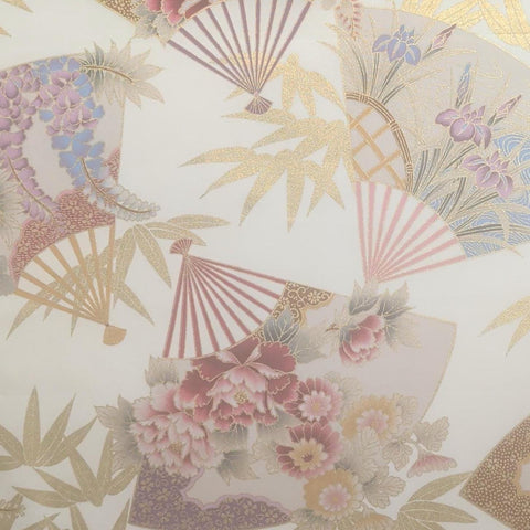 Trentex Fabrics U-037 2005 - Cream Fabric / Tossed Oriental Hand Fan / Gold Metallic Bamboo Leaf Print