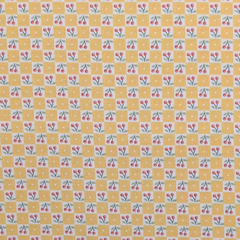 Mary Engelbreit Quilting Treasures Cranston Print Works 2000 - Dark Yellow and White Checkerboard Fabric / Cherry Print
