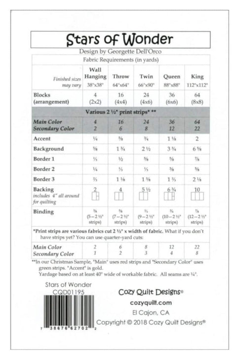 Stars of Wonder - A Strip Club Pattern by Georgette Dell'Orco for Cozy Quilt Designs / Includes 5 Sizes Wall Hanging to King