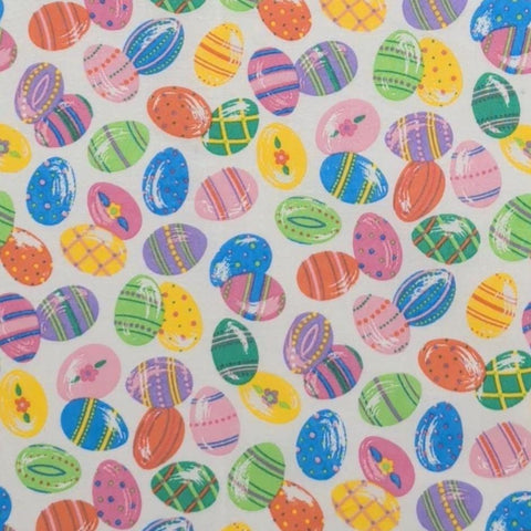 White Fabric / Pink, Green, Blue, Yellow Tossed Easter Egg Print