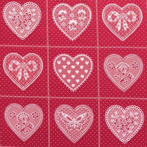 VIP Cranston Print Works - Red Fabric / White Lace Heart Block Print