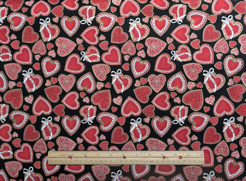 Fit to Print Inc - Heart CM1185 - Black Fabric / Tossed Red, White, Pink Heart Print