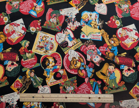 Hi-Fashion Fabrics Love Letters - Black Fabric / Tossed Vintage Valentine Print