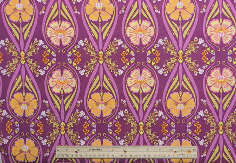 Dreaming in French Collection by Art Gallery Fabrics DIF-808 - Dark Raspberry Fabric / Raspberry, Acid Green, Orange, Yellow Stylized Flower