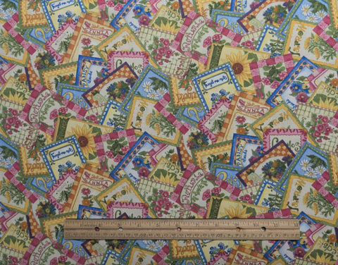 Patchwork Garden 98134-573 Cat Williams for SSI - White, Pink, Yellow, Blue, Green Packed Flower Seed Packet Print Fabric