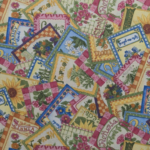 Patchwork Garden 98134-573 Cat Williams for SSI - White, Pink, Yellow, Blue, Green Packed Flower Seed Packet Print Fabric