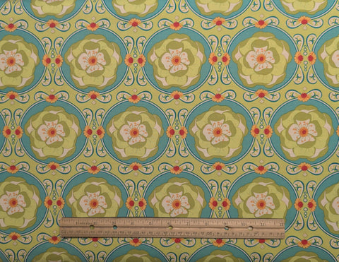 Meadowsweet SH-4241 Chain Flower by Sandi Henderson for Michael Miller Fabrics - Bright Green Fabric/Turquoise, Tan, Olive Flower Medallion