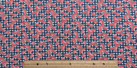 Fabric Traditions 1991 - Blue and White Gingham Print Fabric / Tossed Watermelon Slices