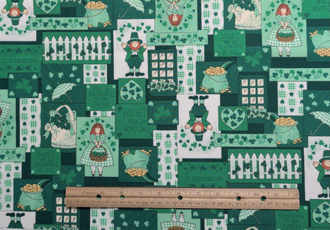 Green and White Leprechaun Luck of the Irish Block Print Fabric
