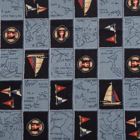 Blue and Navy Map and Nautical Block Print Fabric - Selvage to Selvage Print