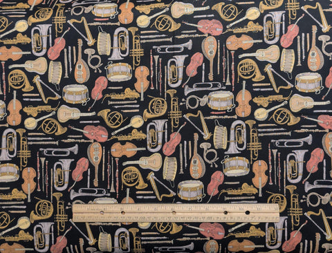 Antique Etchings - Hoffman International Fabrics - Black Fabric / Brown, Tan, Taupe Packed Musical Instruments Print