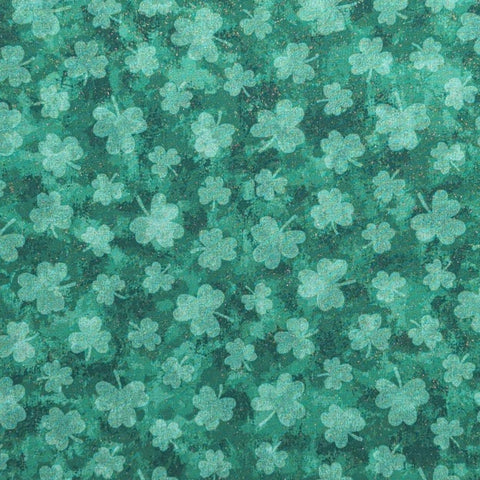 Green Fabric / Shamrock Print / Gold Glitter - Selvage to Selvage Print