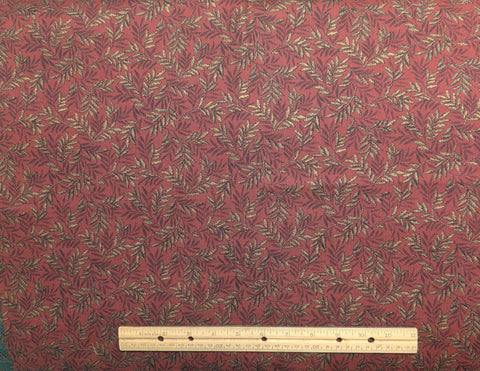 Burgundy Fabric / Black, Gold Metallic Leaf Print - Selvage to Selvage Print