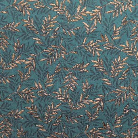 Green Fabric / Black, Gold Metallic Leaf Print - Selvage to Selvage Print