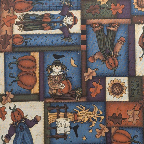 Leslie Beck for VIP Cranston Print Works - Orange, Blue, White, Purple Scarecrow, Pumpkin Block Print Fabric