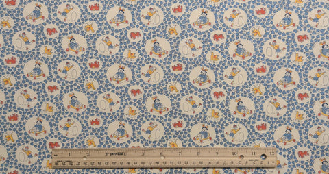 Judie Rothermel for Marcus Brothers Textiles - White Fabric / Blue Leaf, Vintage Children at Play Badges