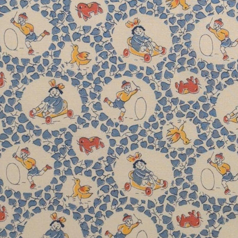 Judie Rothermel for Marcus Brothers Textiles - White Fabric / Blue Leaf, Vintage Children at Play Badges