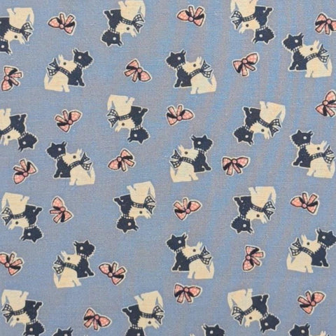 Marcus Brothers Textiles - Light Blue Fabric / Blue, White Scottie Dog Print / Pink Bow