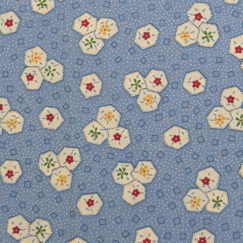 Light Blue Fabric / White Micro Dot Background / White Blanket Stitched Hexagon, Flower Print - Selvage to Selvage Print