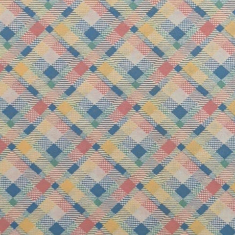 White, Pink, Blue, Green, Yellow Bias Plaid Fabric - Selvage to Selvage Print