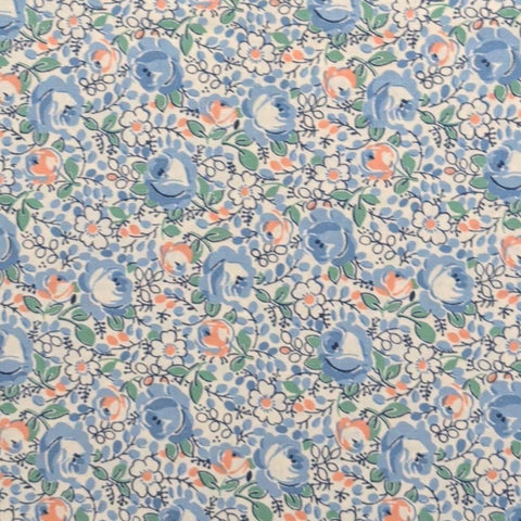 White Fabric / Blue, Green, Salmon Pink Packed Floral Print - Selvage to Selvage Print