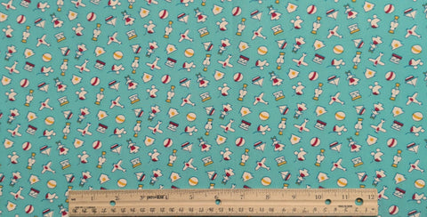 Turquoise Fabric / White, Red, Yellow Tossed Vintage Toy Print - Selvage to Selvage Print