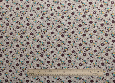 Judie Rothermel for Marcus Brothers Textiles - White Fabric with Black Micro Dot Background / Brown, Turquoise, White, Yellow Flower Print