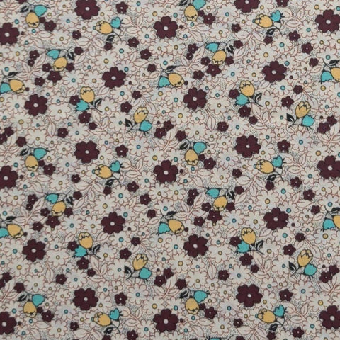 Judie Rothermel for Marcus Brothers Textiles - White Fabric with Black Micro Dot Background / Brown, Turquoise, White, Yellow Flower Print