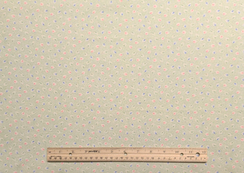 Marcus Bros Textiles - White Fabric with Green Mesh Background / Green, Periwinkle, Pink Leaf Print